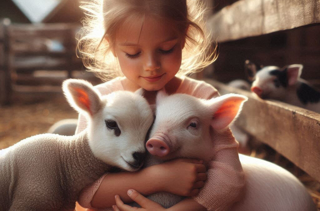 Ein kleines Mädchen kuschelt mit einem flauschigen Lamm und einem rosigen Ferkel